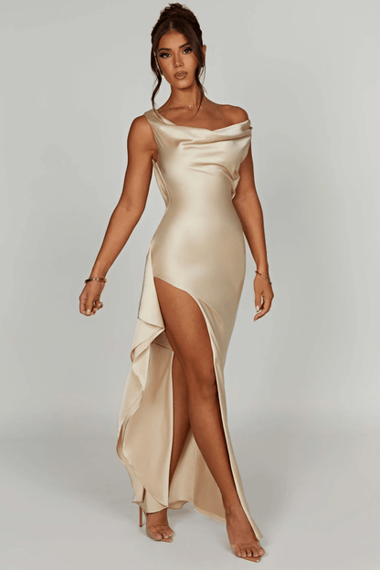Lisbon | Off-shoulder maxi-jurk van luxe satijn