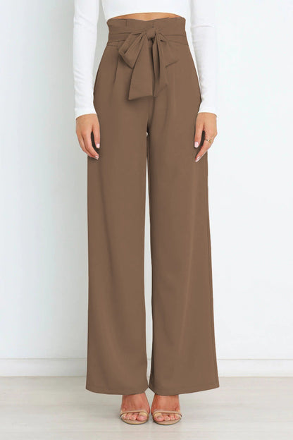 Leah | High-waisted broek met strikceintuur en wijde pijpen