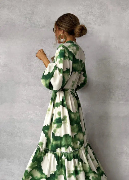 Murcia | Groene Maxi-Jurk – Lange Mouwen en V-Hals voor een Frisse Look