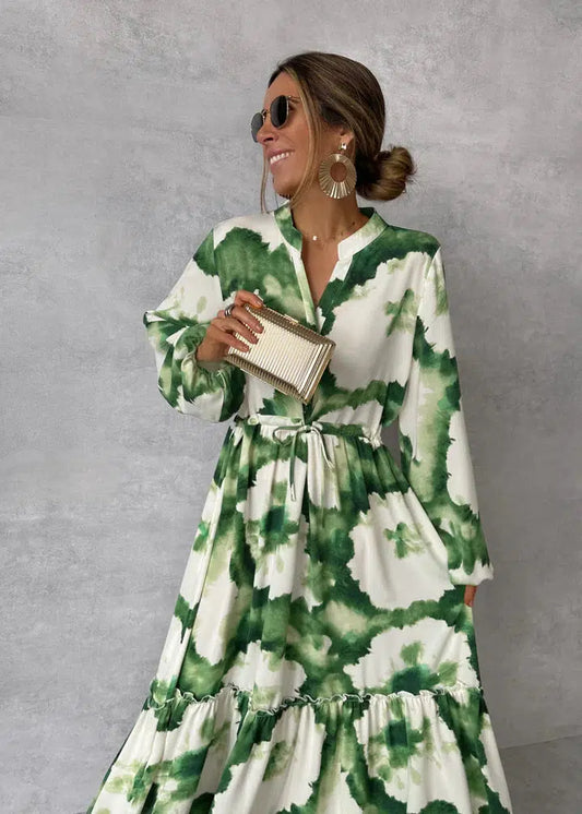 Murcia | Groene Maxi-Jurk – Lange Mouwen en V-Hals voor een Frisse Look