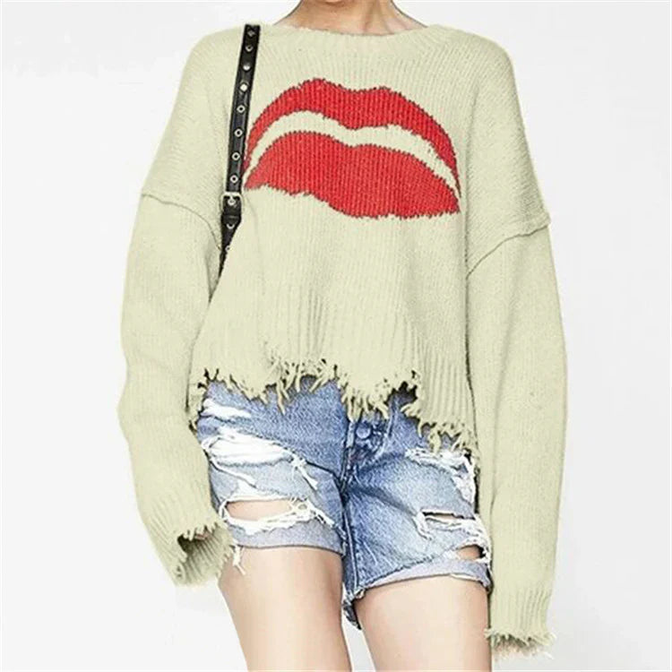 Leanne | Dames Trui – Grof Gebreid – Oversized Pasvorm – Lipdessin – Gerafelde Zoom