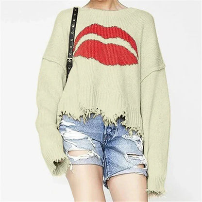Leanne | Dames Trui – Grof Gebreid – Oversized Pasvorm – Lipdessin – Gerafelde Zoom