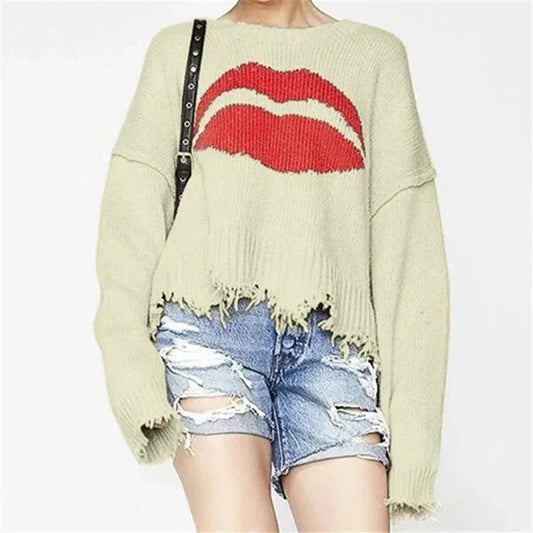 Leanne | Dames Trui – Grof Gebreid – Oversized Pasvorm – Lipdessin – Gerafelde Zoom