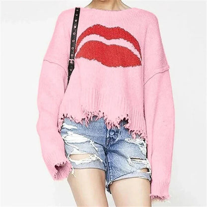 Leanne | Dames Trui – Grof Gebreid – Oversized Pasvorm – Lipdessin – Gerafelde Zoom