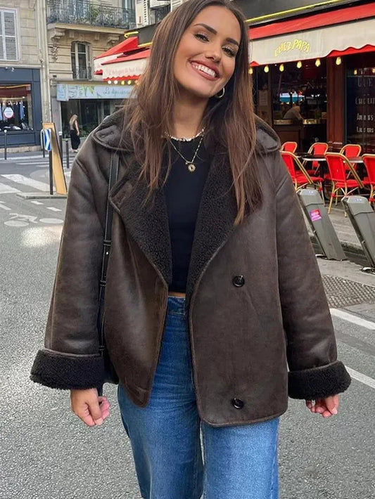 Beau-Lizzy | Dames bruine jas van imitatieleer met zachte voering
