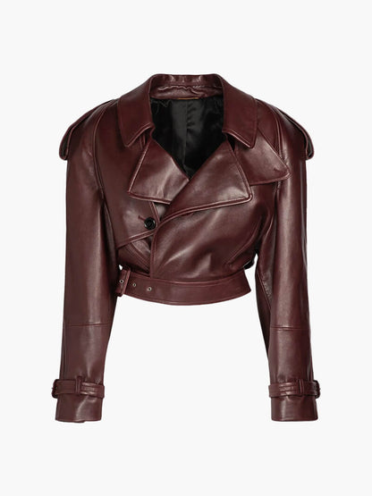 Lucy | Cropped Bikerjas van Bordeaux Kunstleer met Opgestikt Detail
