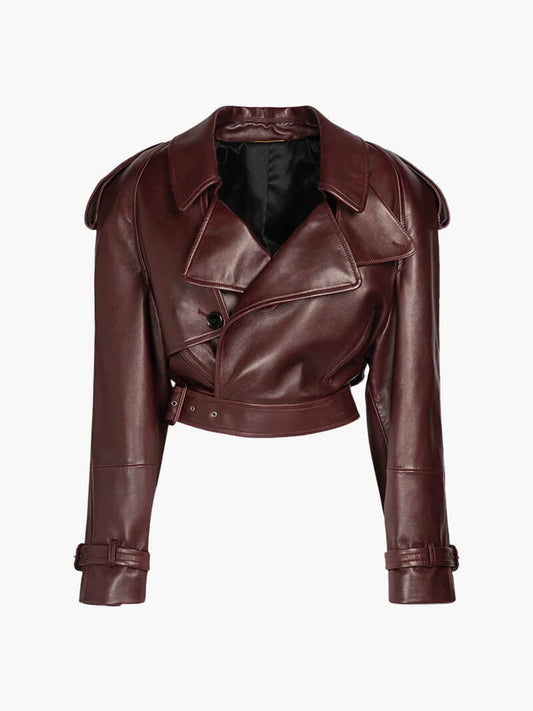 Lucy | Cropped Bikerjas van Bordeaux Kunstleer met Opgestikt Detail