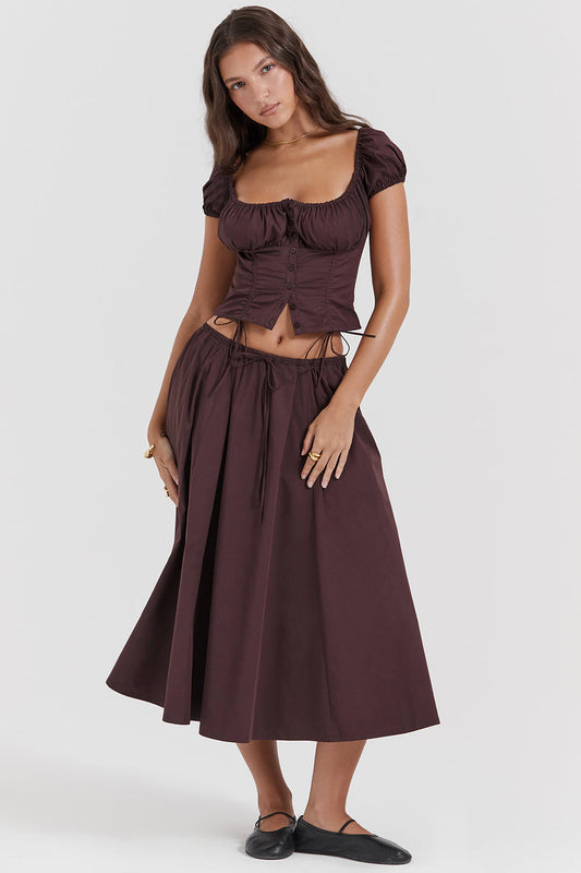 Mexx | Diepbruine Ruches-Set met Top en Midi-Rok