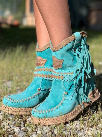 Julinn | Turquoise Suède Enkellaarzen Met Speelse Franjes