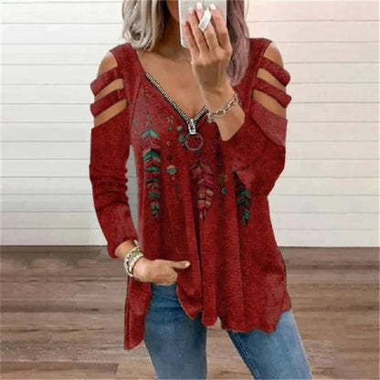 Dulce | Dames Trui – Relaxte Pasvorm – Cold Shoulder – Ritssluiting – Boho Print