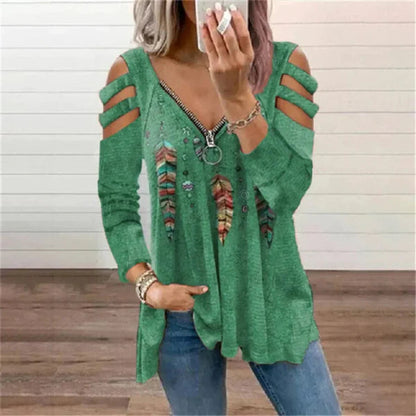 Dulce | Dames Trui – Relaxte Pasvorm – Cold Shoulder – Ritssluiting – Boho Print