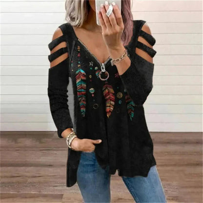 Dulce | Dames Trui – Relaxte Pasvorm – Cold Shoulder – Ritssluiting – Boho Print