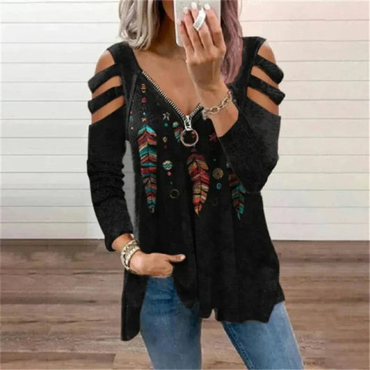 Dulce | Dames Trui – Relaxte Pasvorm – Cold Shoulder – Ritssluiting – Boho Print