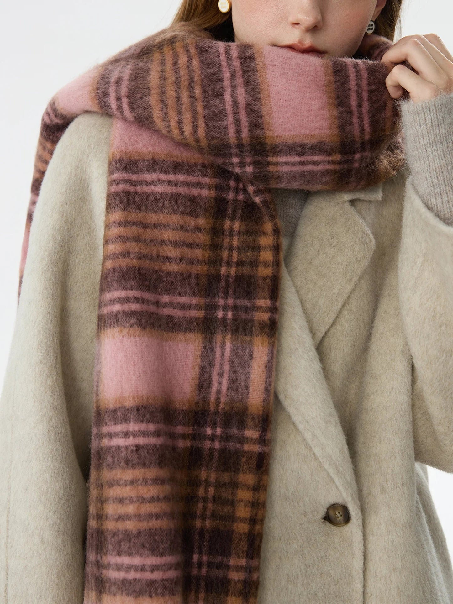 Nina | Warme Geruite Sjaal in Roze Koffie voor Dames