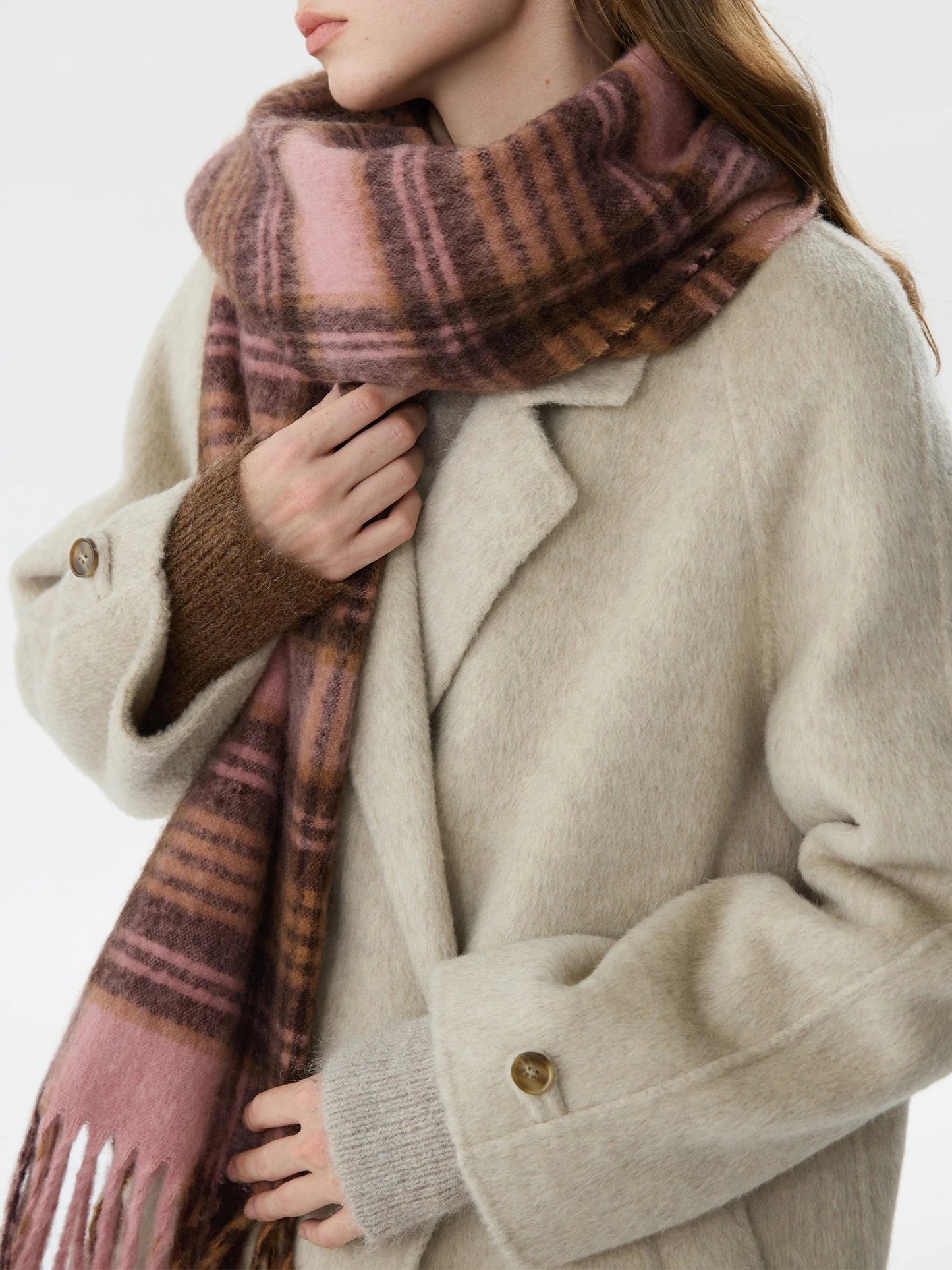 Nina | Warme Geruite Sjaal in Roze Koffie voor Dames