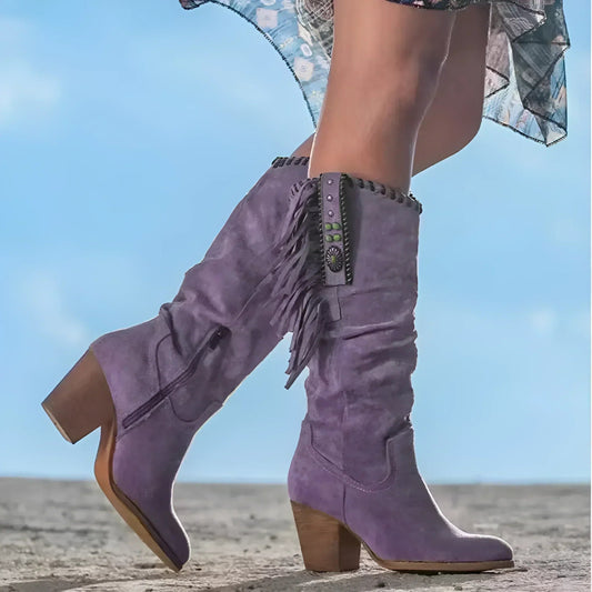 Joanna | Zemleren Laarzen met Blokhak – Boho Western Stijl