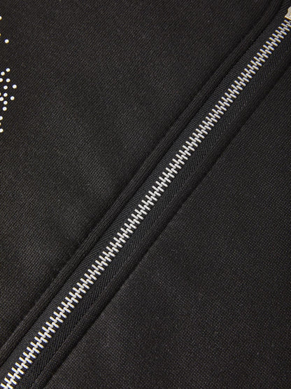 Patty | Zwarte Polyester Hoodie met Strass Kruisdetail