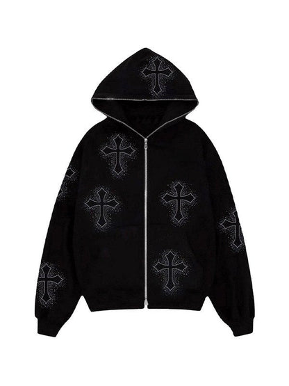 Patty | Zwarte Polyester Hoodie met Strass Kruisdetail