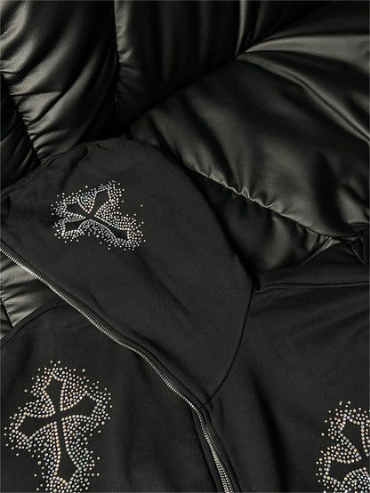 Patty | Zwarte Polyester Hoodie met Strass Kruisdetail