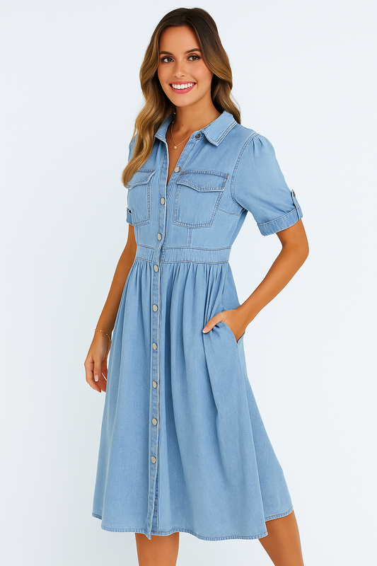 Fiona | Zomerse Denim Jurk met Revers en Knopen voor dames