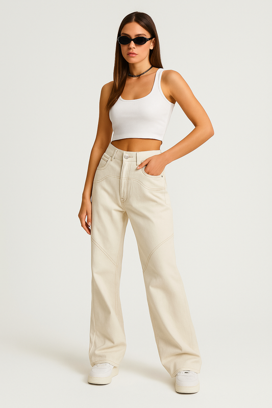 Mille | Witte Vintage Baggy Boyfriend Jeans met rechte pijpen en split
